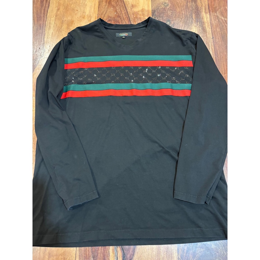 PAVINI long sleeve shirt women XL black red green stripe rhinestone logo v-neck